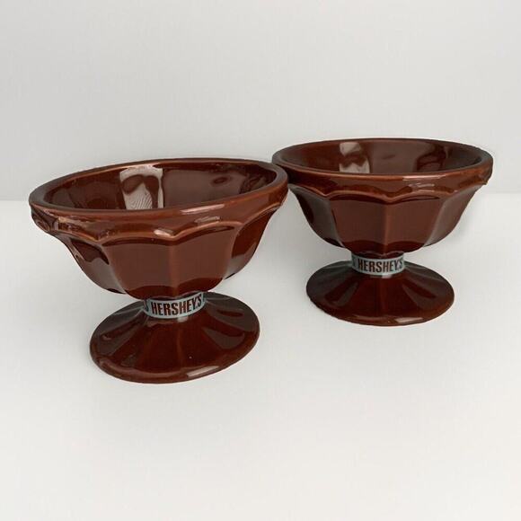 (2) Hershey's Brown Pedestal Style Ice Cream Bowls by Houston Harvest Hershey - Picture 2 of 11